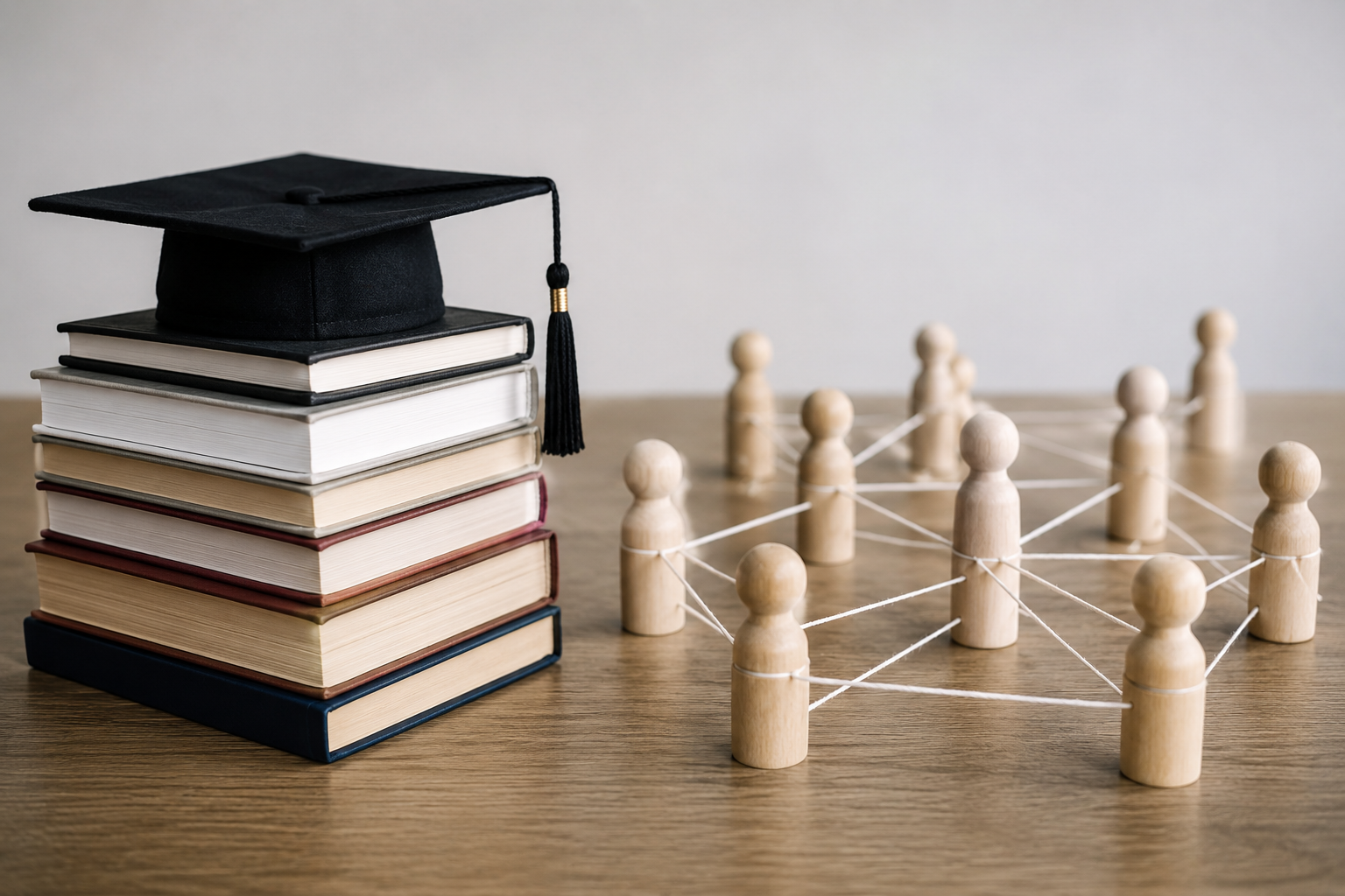 A graduation cap resting on a stack of books beside a group of wooden figures linked together by string.