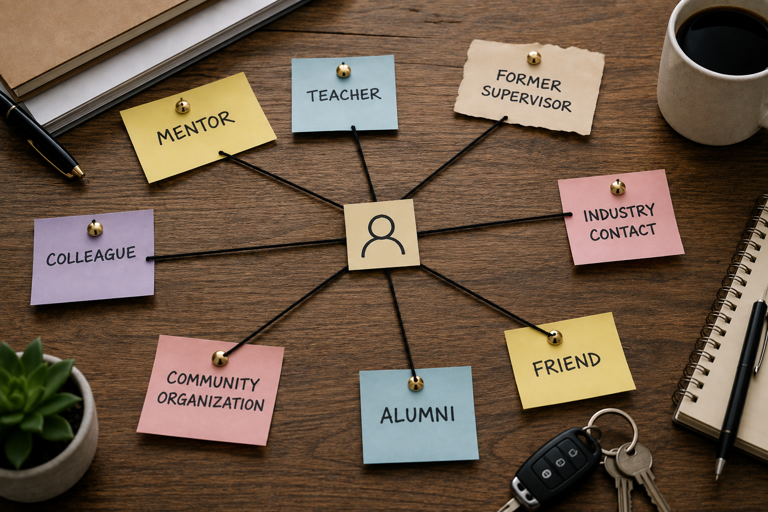 Sticky notes labeled mentor, teacher, former supervisor, colleague, neighbor and friend connected by string to a single person at the center.