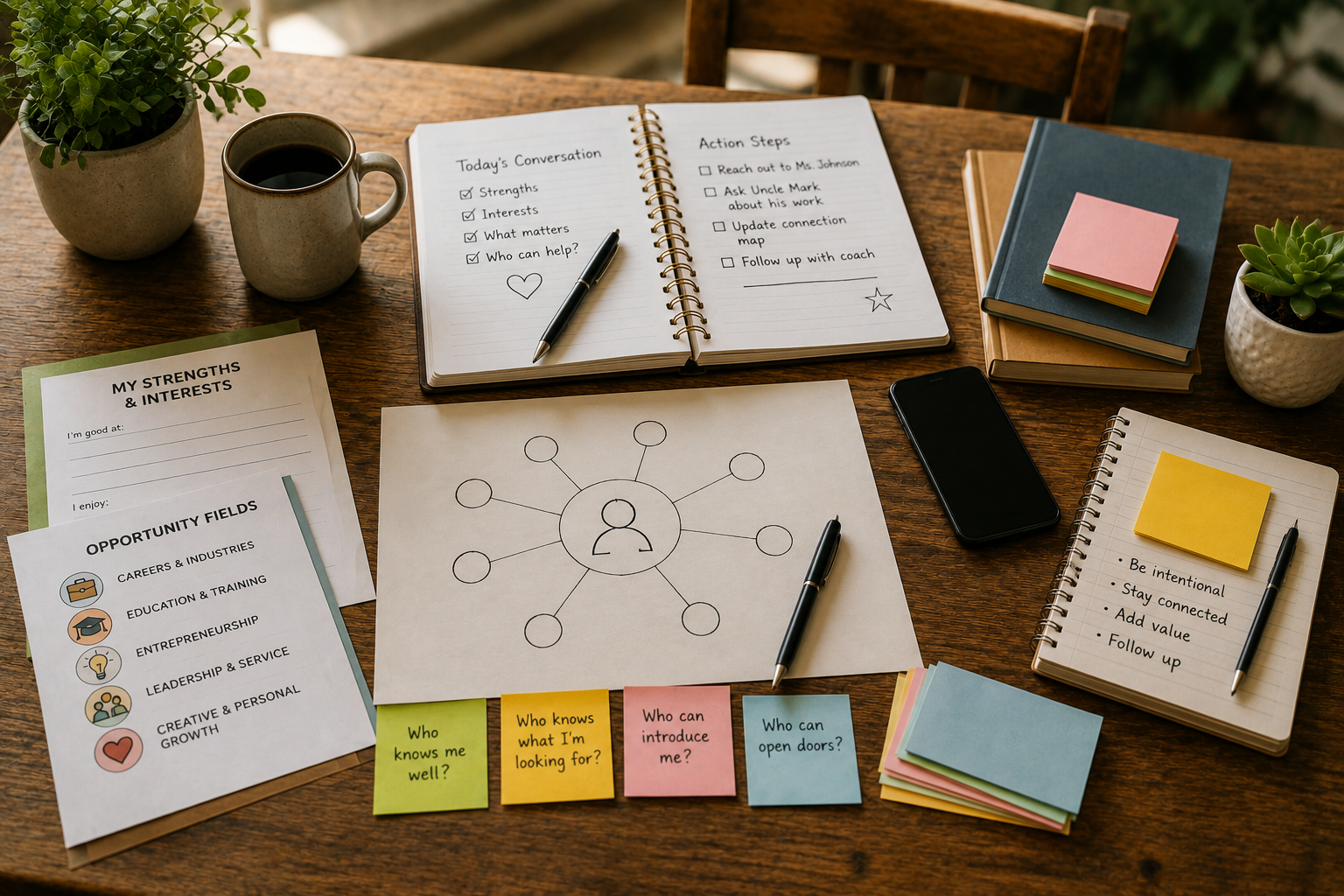 A table spread with a family's program worksheets: a connection map, an opportunity fields sheet, action steps, and sticky notes asking who knows me well and who can open doors.